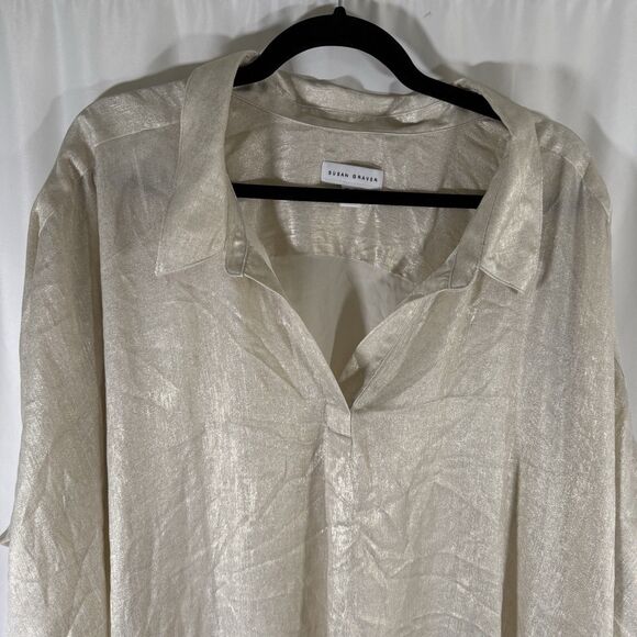 Susan Graver Blouse Women's 5X Metallic Cream Gold Collared Short Sleeve V Neck - Picture 2 of 10